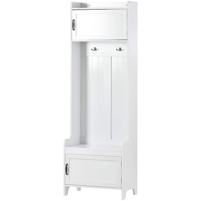 Roomfitters Modern Mudroom Hall Tree with Bench, 4-in-1 Coat Rack with 7 Black Hooks and Large Storage Compartment, White