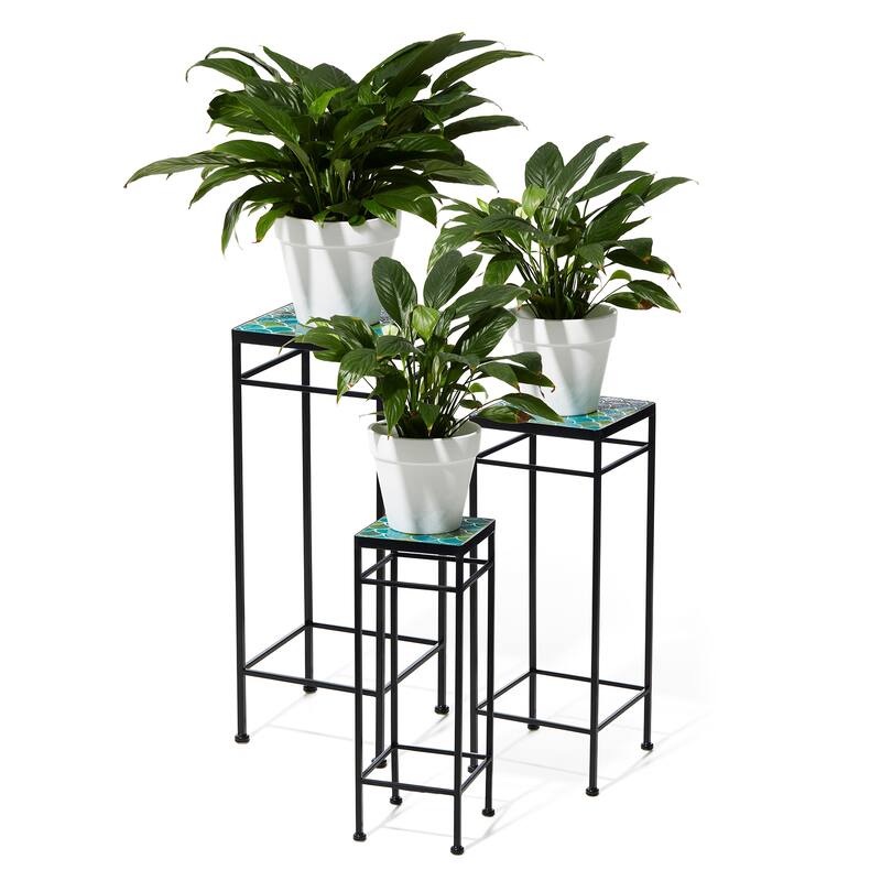 Glitzhome Set of 3 Metal Nesting Planter Stands Square Plant Holder with Green Pattern Ceramic Tiles Table Top