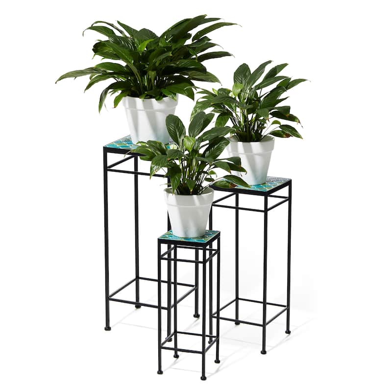 Glitzhome Set of 3 Sqaure Metal Planter Stands Flower Racks with Green Pattern Ceramic Tiles Table Top