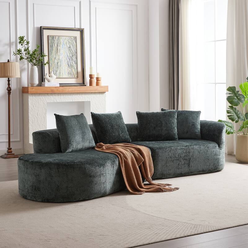 Curved Loveseat Sofa Chenille 4-Seat Cloud Couch with 4 Pillows - Green - Right Facing