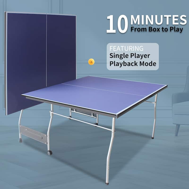 Roomfitters 8ft Mid-Size Table Tennis Table, Foldable Ping Pong Table Set with Net, 2 Bats and 3 Balls, Blue