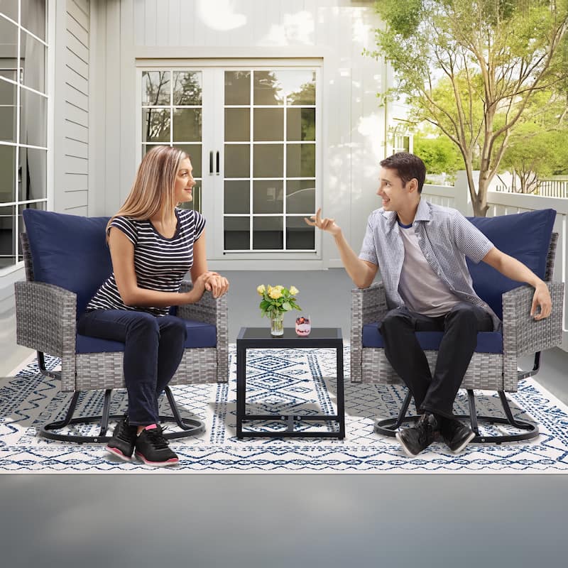 3-Piece Outdoor Swivel Chair Patio Set, 360°PE Rattan Chairs with Cushions, Glass Coffee Table