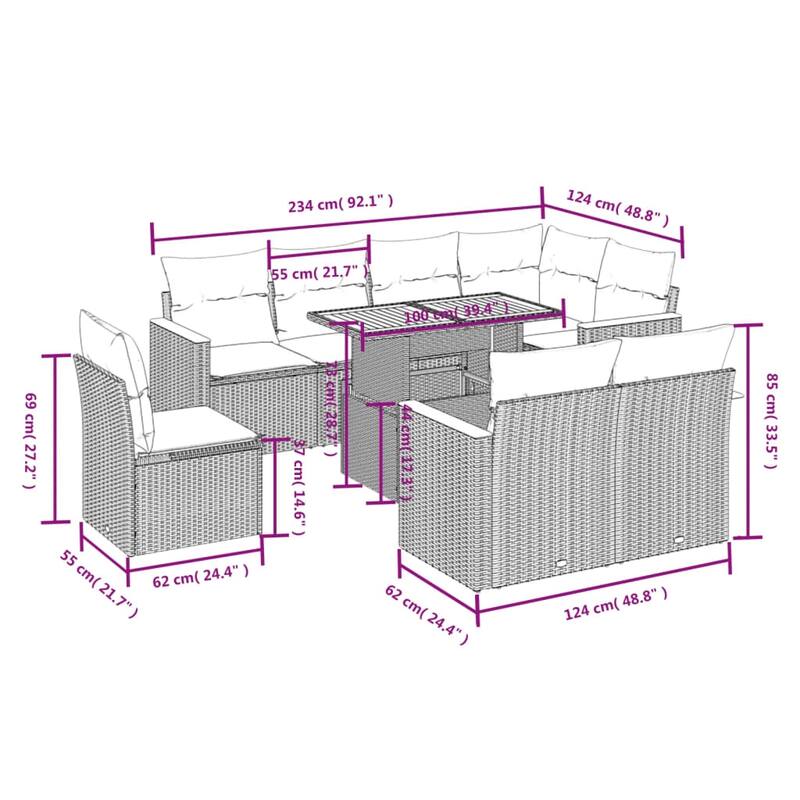 vidaXL Patio Sofa Set with Cushions Sofa Modules 9 Piece Poly Rattan Acacia - 21.7 x 39.4 x 28.7 in