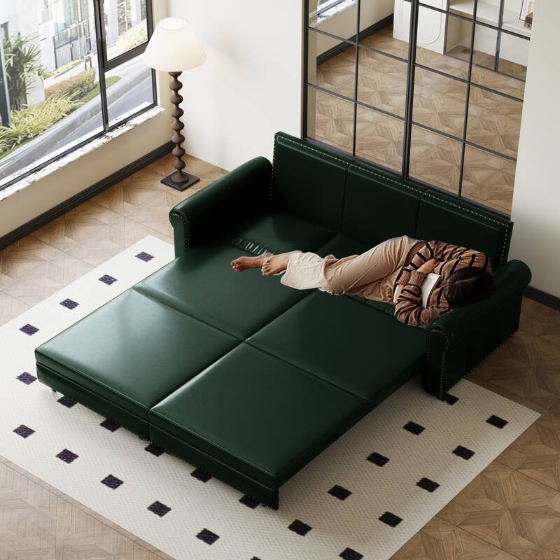 Chesterfield Sofa, 93.7" Faux Leather Convertible Sleeper Sofa Bed, Vintage 3-in-1 Pull Out Couch w/ Nailhead Trim & Rolled Arms