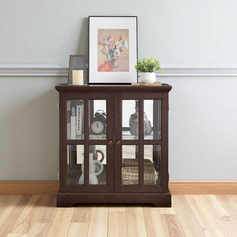 LED Lighted Curio Display Cabinet with Adjustable Shelves, Retro Glass Showcase and Lattice Doors - Cherry