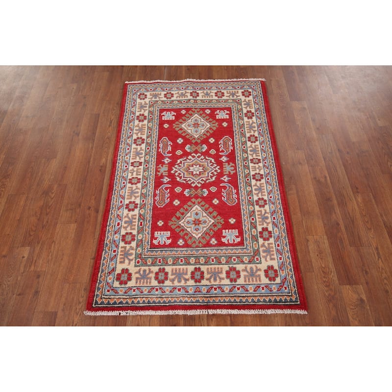 Geometric Red Kazak Oriental Accent Rug Hand-Knotted Wool Carpet - 2'8" x 4'1"