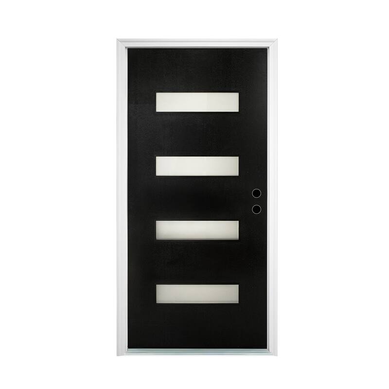 36 x 80 Fiberglass Entry Door with Brickmould, Frosted Glass, - Contemporary Style for Home's Front Entrance, Left Hand Inswing - Black