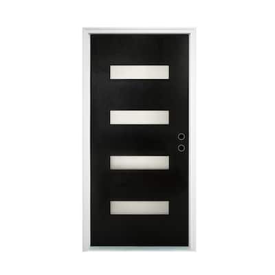36 x 80 Fiberglass Entry Door with Brickmould, Frosted Glass, - Contemporary Style for Home's Front Entrance, Left Hand Inswing
