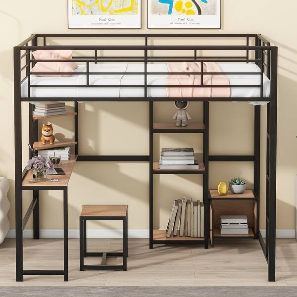 slide 2 of 30, Full Loft Metal Bed with Desk Stool, Shelves and Cabinet Underneath Black - Full
