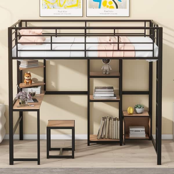 slide 2 of 40, Full Metal Loft Bed with Desk and Built-In Shelving Black