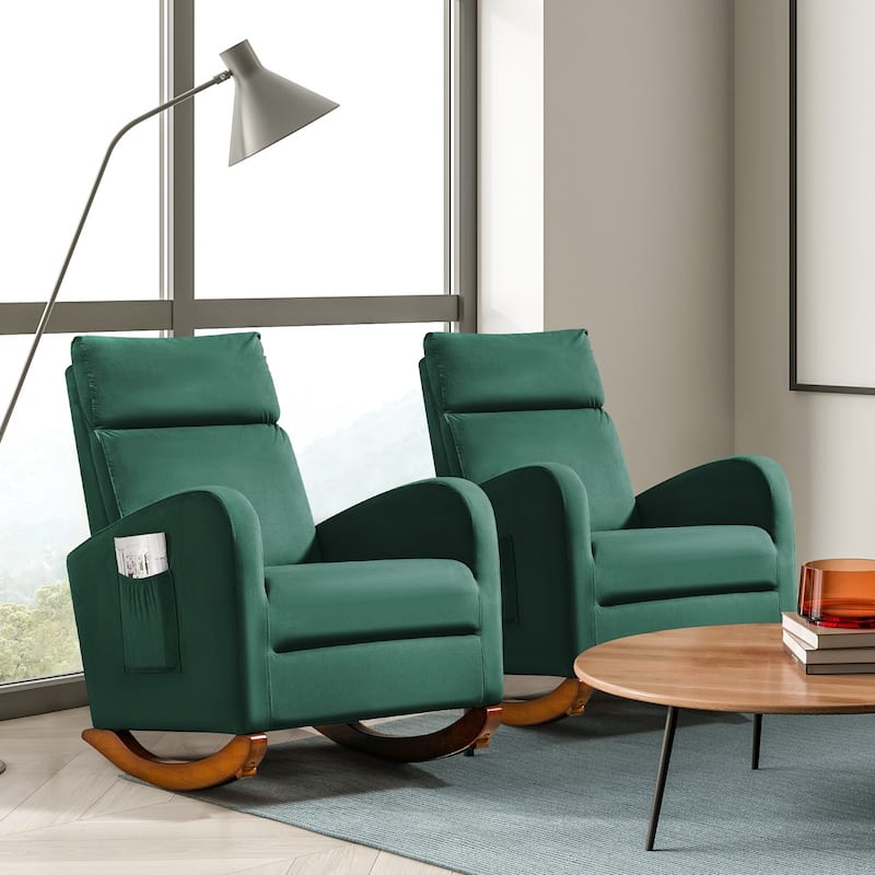 Mid Century Velvet Nursery Rocking Chairs Set of 2, Upholstered High Back Glider Armchairs for Living Room - Green
