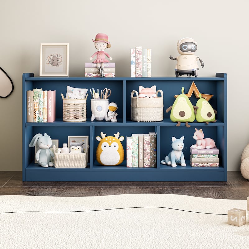 Wooden Storage Cabinet with 5 Sections, Montessori Kids Bookshelf and Toy Organizer for Nursery, Playroom & Classroom