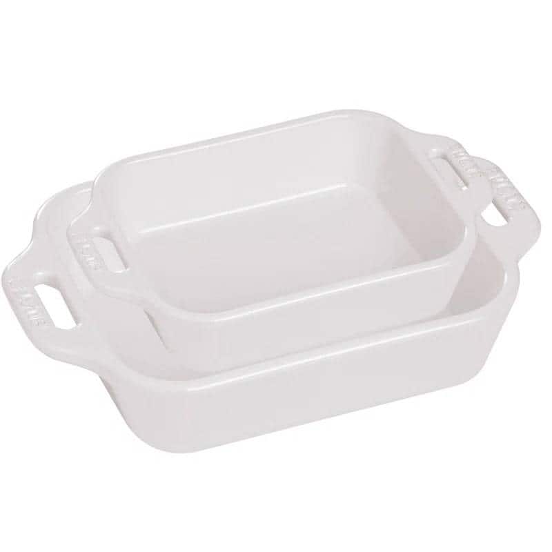 2 Piece Ceramic Stoneware Casserole Dish Set Non-Stick Rectangular Baking Dishes Oven Safe - White