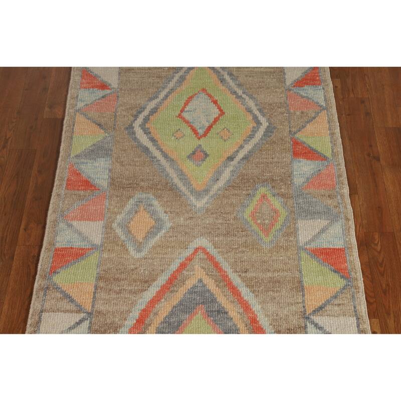 Hand Knotted Oriental 100% Wool Carpet Transitional Geometric Brown Oushak Runner Rug - 8' 8'' X 3' 0''