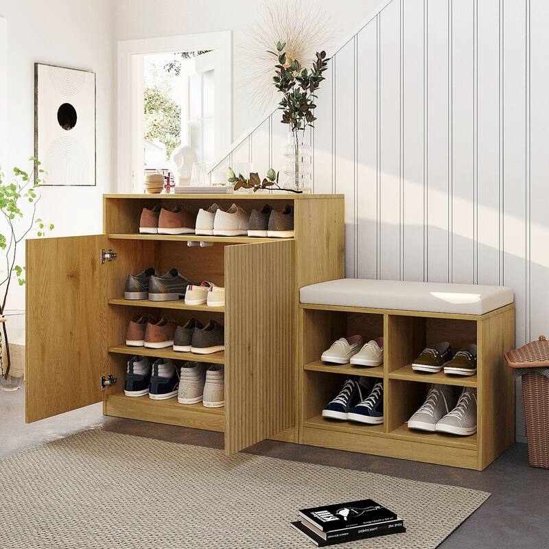 Living Room Cabinet with Shoe Bench, 2 Doors & 3-Tier Adjustable Shelves