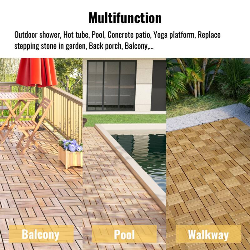 30 PCS Interlocking Deck Tiles Checker Pattern, 12" x 12" Square Acacia Hardwood Outdoor Flooring for Patio,Bancony,Pool Side