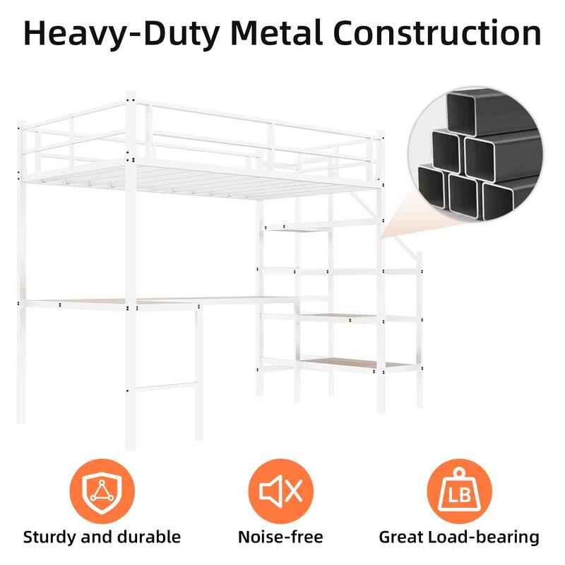 Loft Bed With L-Shaped Desk, Large Storage Space And Storage Compartments, Sturdy Bed Frame With Stairs, Continuous Belt Railing