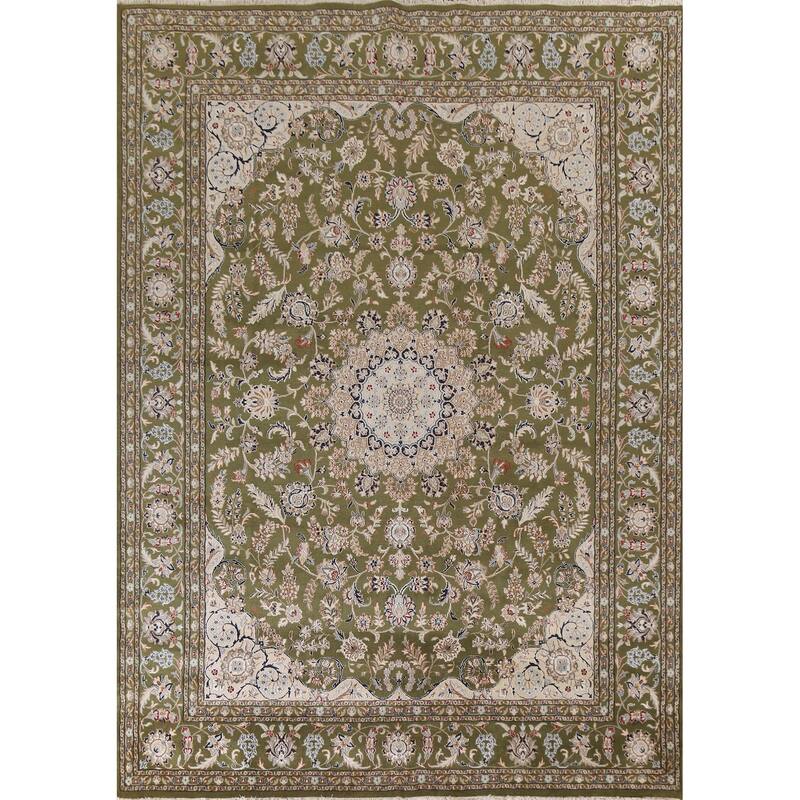 Traditional Green Kashan Oriental Area Rug Floral Wool & Silk Carpet - 9'0"x 12'0"