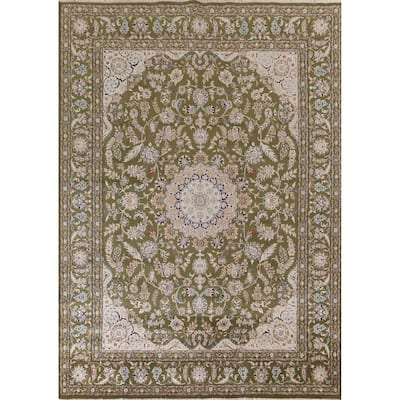 Traditional Green Kashan Oriental Area Rug Floral Wool & Silk Carpet - 9'0"x 12'0"