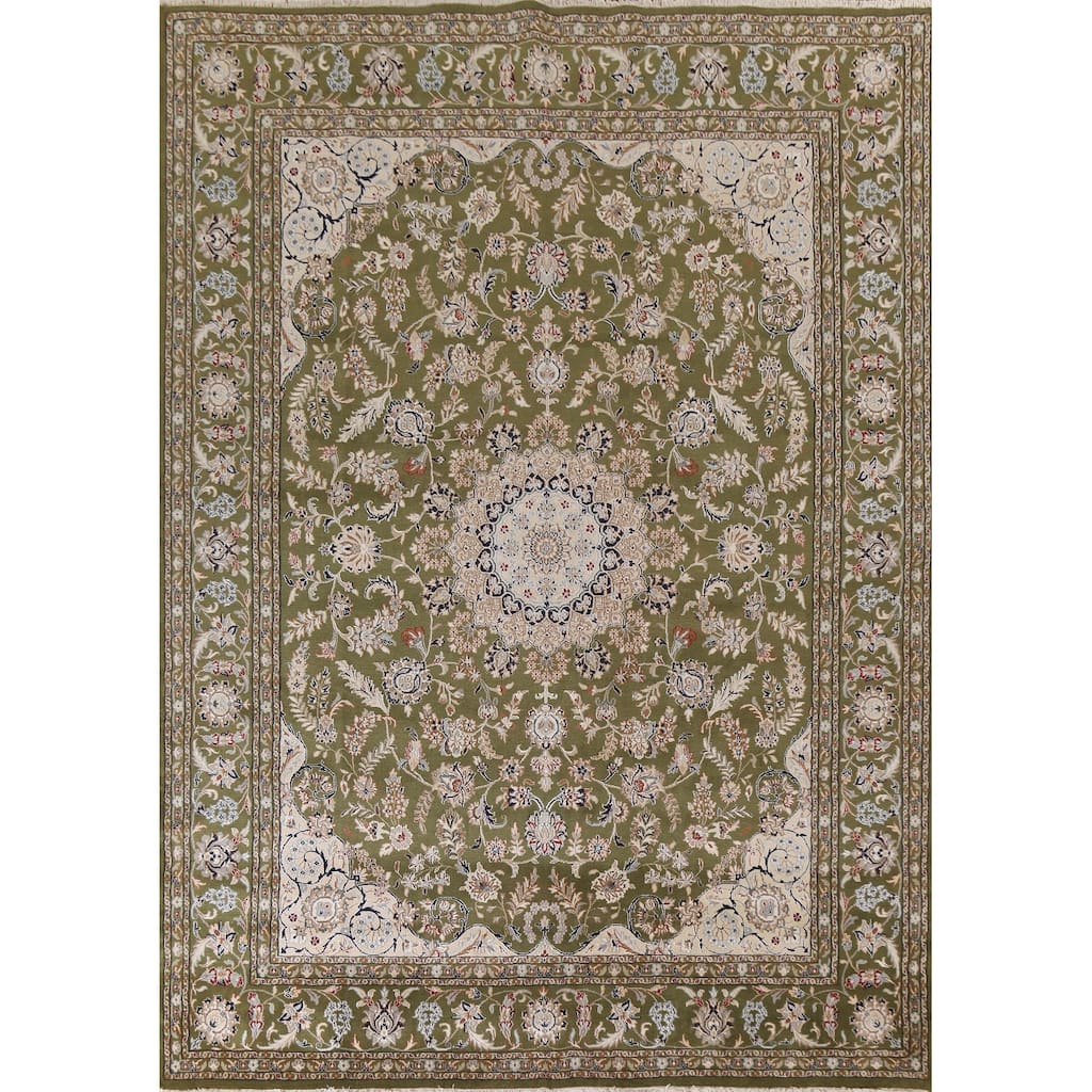 Traditional Green Kashan Oriental Area Rug Floral Wool & Silk Carpet - 9'0"x 12'0"