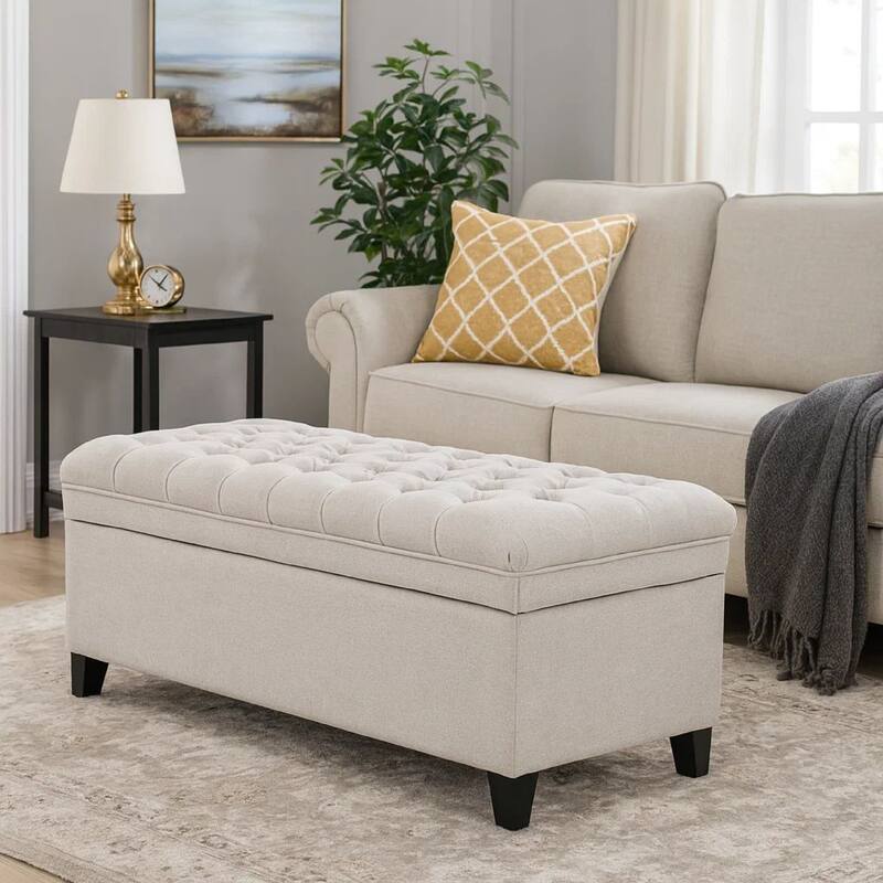 Rhya Storage Bench Ottoman, 50 Inch Seat, Button Tufted Gray Fabric