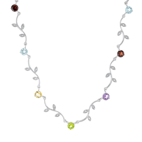 Sterling Silver Multi-Gemstones Station Leaf Necklace 16.5". Opens flyout.