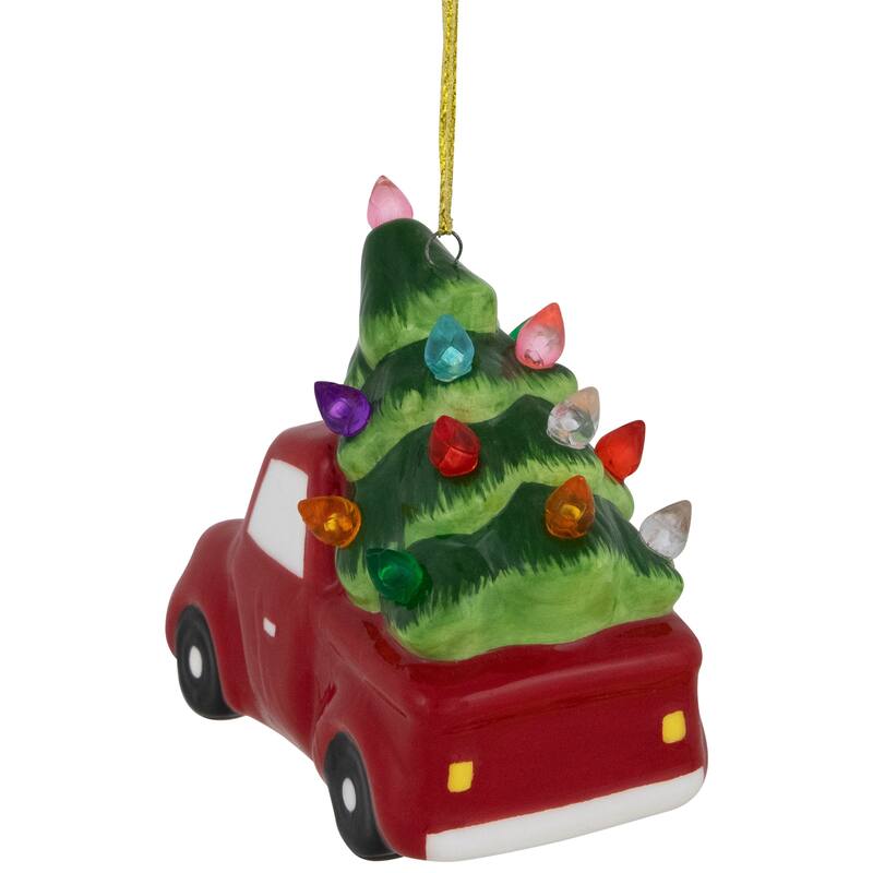 Lighted Truck with Christmas Tree Ceramic Ornament - 3.75" - Red and Green