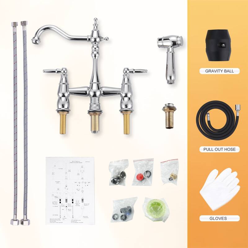 WOWOW 4 Hole Double Handle Bridge Kitchen Faucet with Side Sprayer