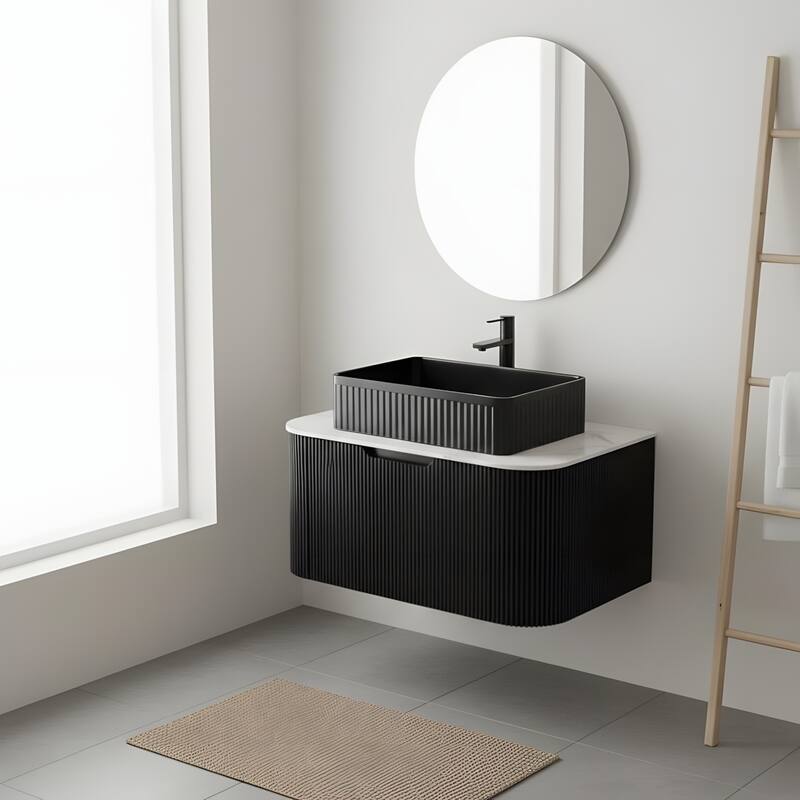 Wall Mounted Bathroom Vanity with Black Rectangular Ceramic Basin