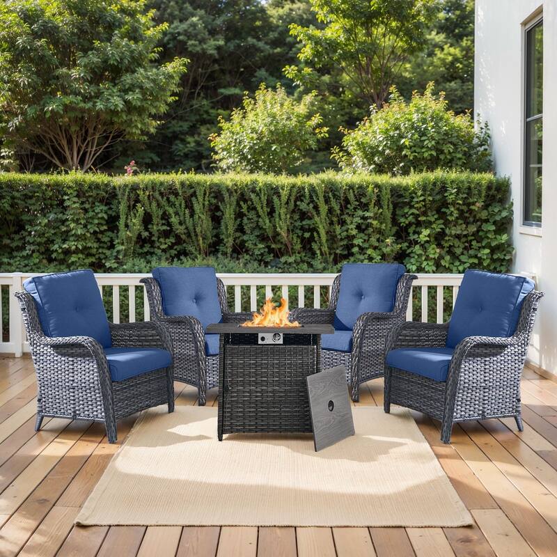 Outdoor Square Fire Pit Table with 2 Patio Chairs - Blue - Grey