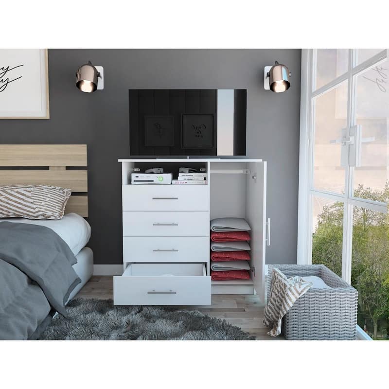 TUHOME Peru 4 Drawer Dresser with Vertical Cupboard & Open Shelf