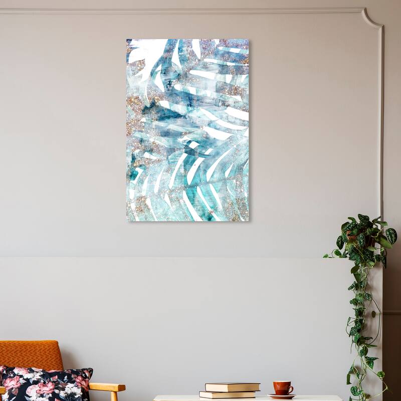 Wynwood Studio Canvas Floral and Botanical Magical Turquoise Leaf Blue and Metallic Gold Glam Wall Art Canvas Print - 30 x 20