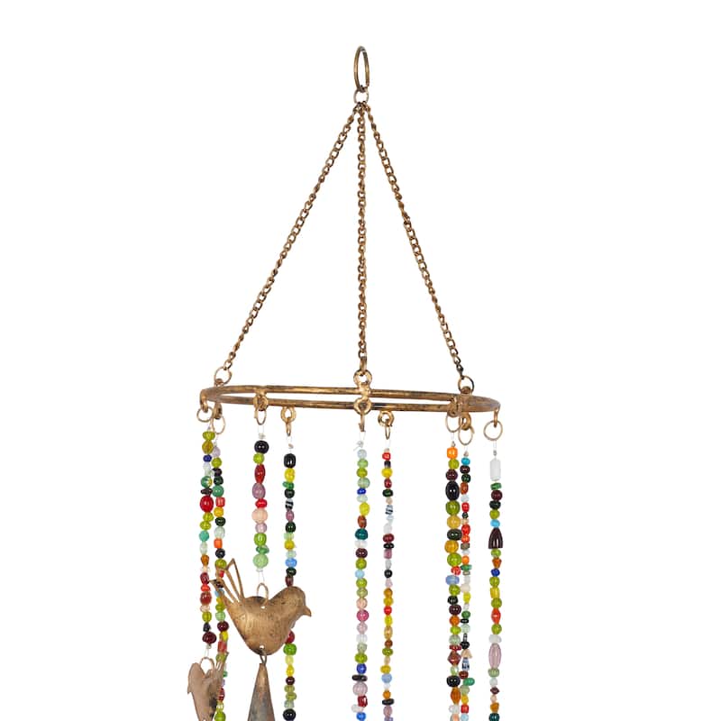 Gold Metal Indoor Outdoor Bird Windchime with Glass Beads and Cone Bells - 7 x 7 x 26