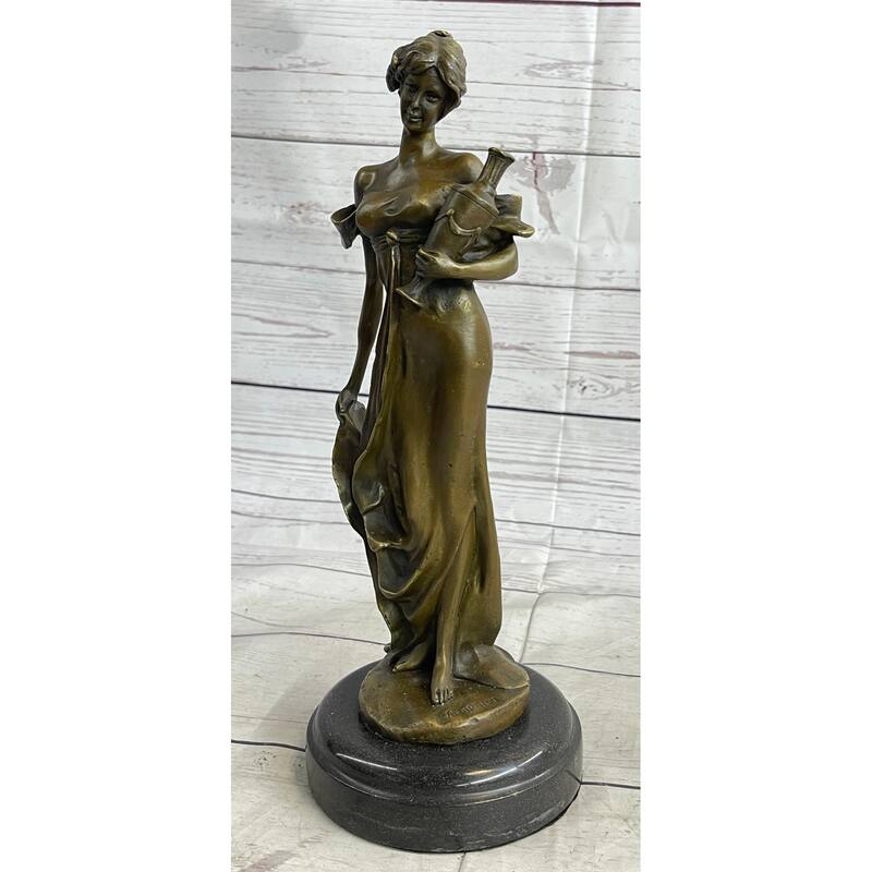 Girl Holding Vase Bronze Statue Sculpture Figure Marble Base French Art 13 Inches X 5 Inches