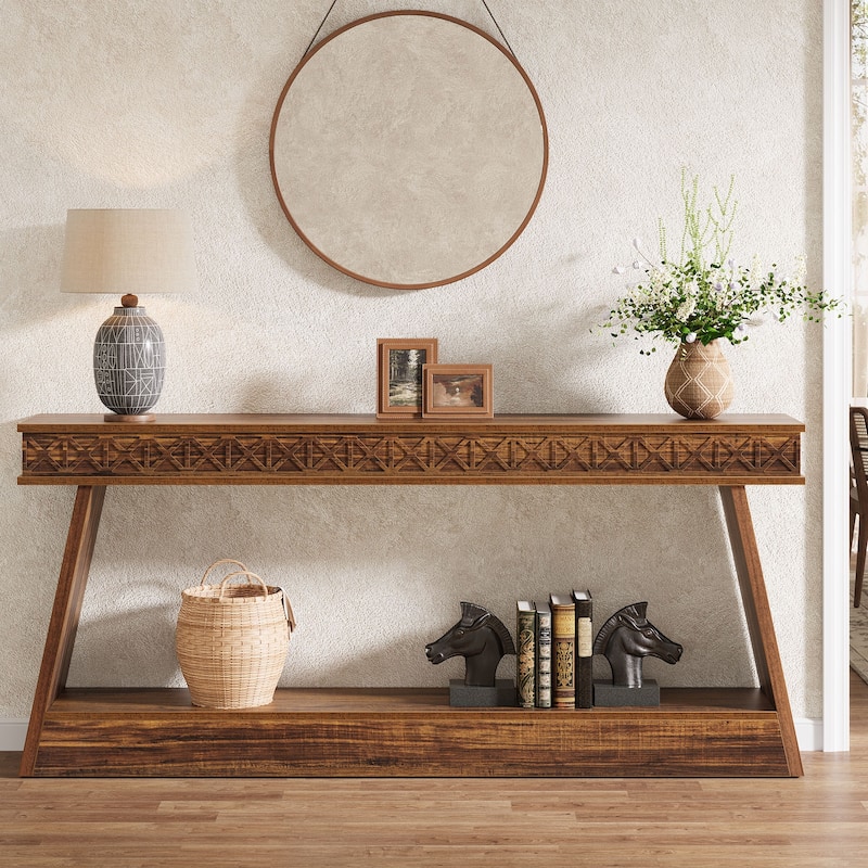 70.8-Inch Extra Long Console Table with Storage Shelf, 2-Tier Farmhouse Entryway Table - 70.87" L x 11.81" W x 31.5" H