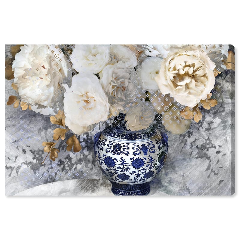 Wynwood Studio Canvas Floral and Botanical Decorative Bouquet Blue and Cream White Glam Wall Art Canvas Print