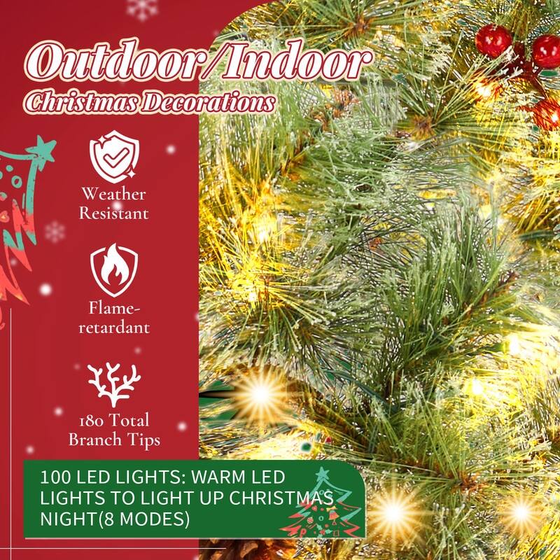 2 Pack 24in Pre-lit Christmas Wreath, Lighted Artificial Xmas Wreath with Red Berries Pine Cones, for Party Decorations