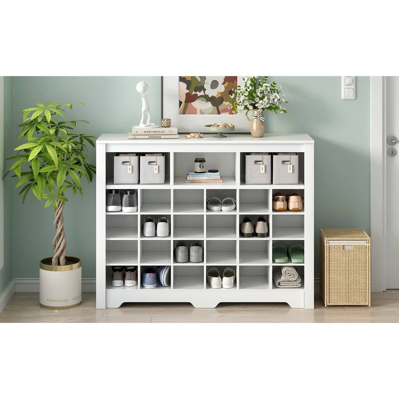 Shoe Cabinet Console, Square Lattice Shoe Storage Cabinet with Curved Base, 24 Pair Wood Shoe Rack for Entryway