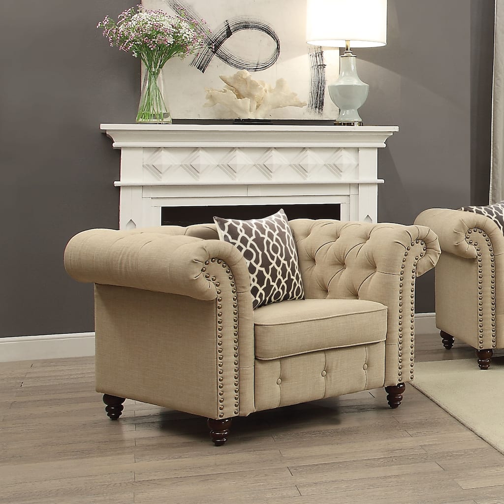 Beige Transitional 29" Linen Upholstered Button Tufting Chair with Wooden Turned-Bun Legs amd Nailheads