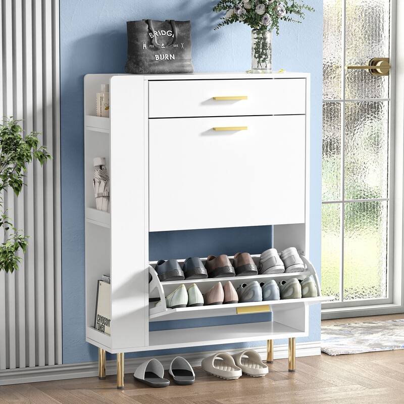 Anmytek Modern White Shoe Storage Cabinet 16 Pairs Slim Shoe Rack Organizer with 2 Flip Drawers - 29.5"W x 9.4"D x 41.3"H