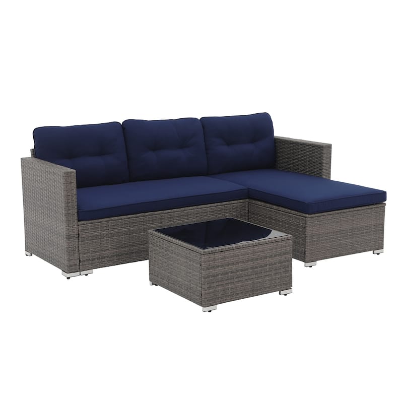 L-Shaped Outdoor Sectional Sofa, PE Wicker Patio Sofa Set with Table and Cushions
