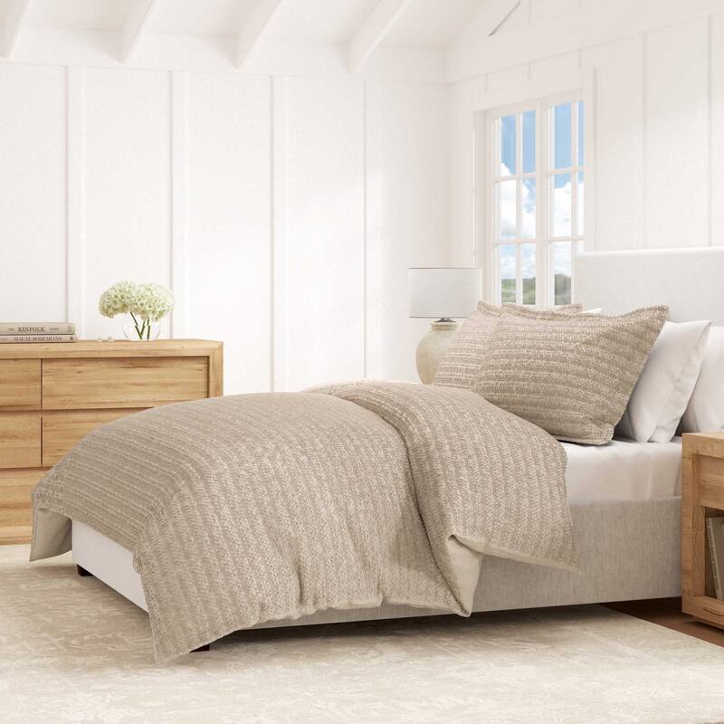 Linery & Co. Cotton Reversible Waffle Weave / Percale Duvet Cover Set - Cappuccino - California King