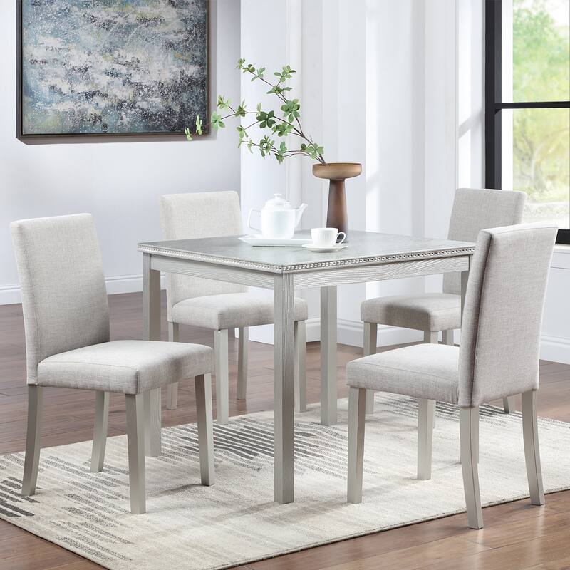 5-Piece, Modern Dining Table Set with Crystal Decorations and 4 Dining Chairs, for Kitchens and Dining Rooms, White - Beige