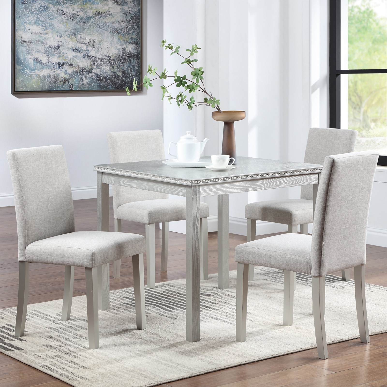GDFStudio - Hamilton 5-Piece Classic Dining Set, Crystal Tabletop Square Wooden Table with 4 Upholstered Dining Chairs