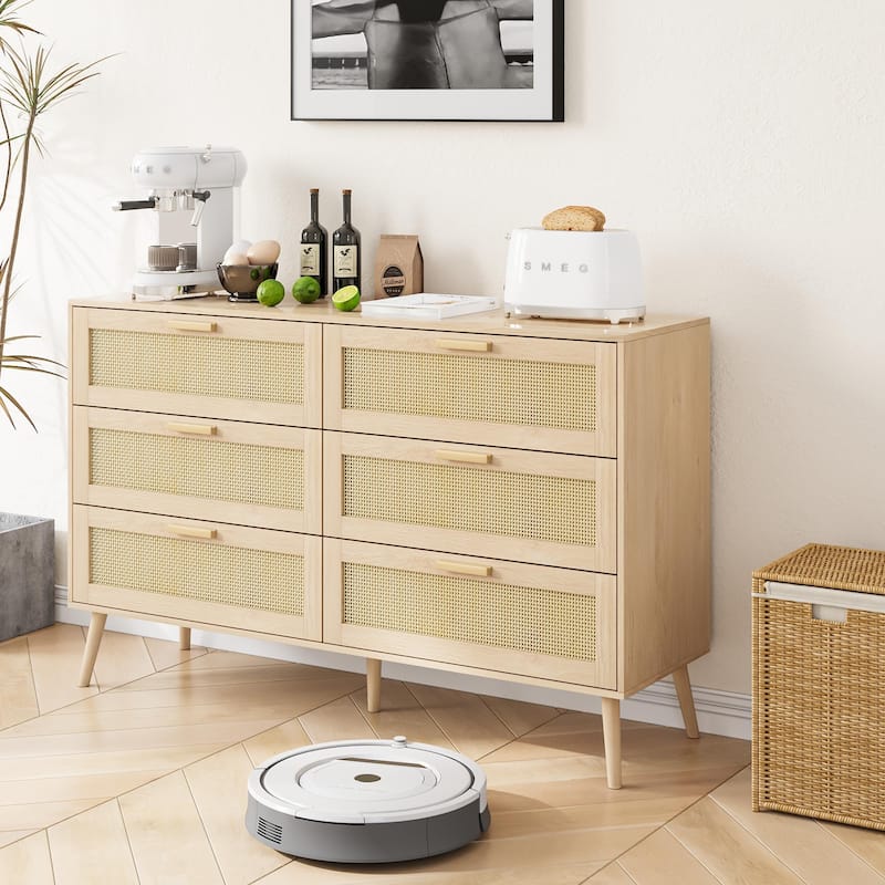 Anmytek Rattan Dresser 6 Drawer Mid Century Modern Light Wood Storage Cabinet Boho Bedroom - Oak