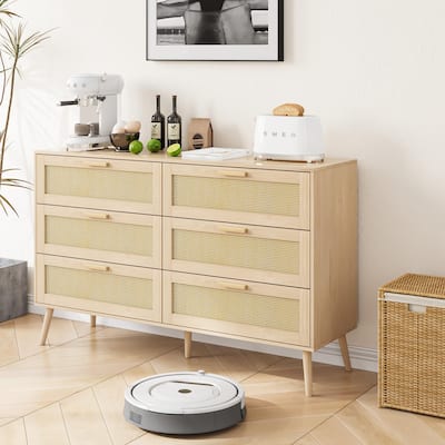 Rattan 6 Drawer Dresser, Wide Chest of Drawers with Wood Handles and Legs