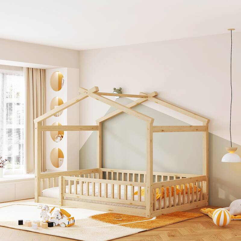 Twin/Full Wood House Bed with Fence, Playhouse Design for Kids and Teens, Easy Assembly