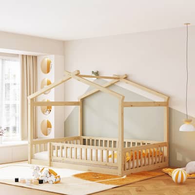 Wood Bed House Bed Frame with Fence