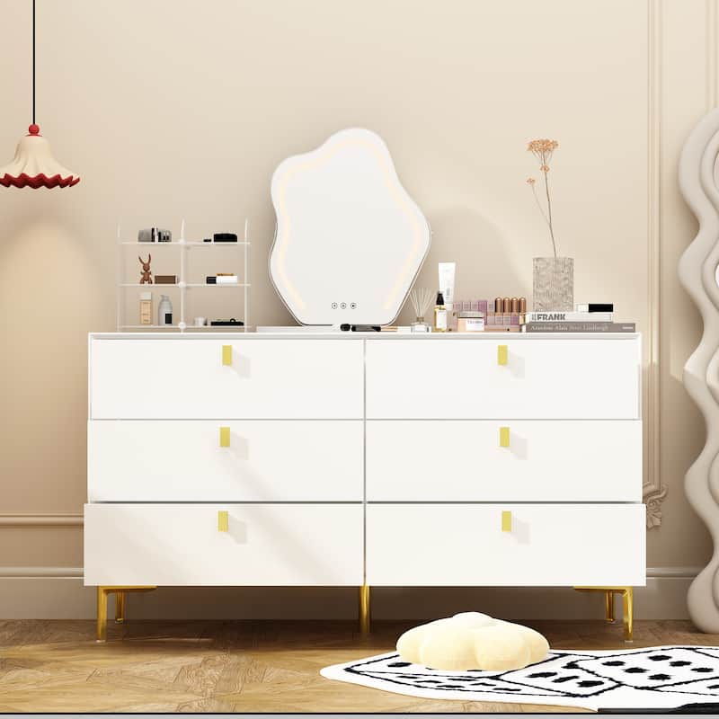 Dresser 6 Drawer Wood Dresser for Bedroom with Storage Modern Gold