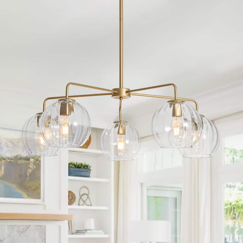 5-Light Modern Linear Clear Glass Sphere Chandelier for Dining Room - 33.5 in - Brass & Ribbed Glass